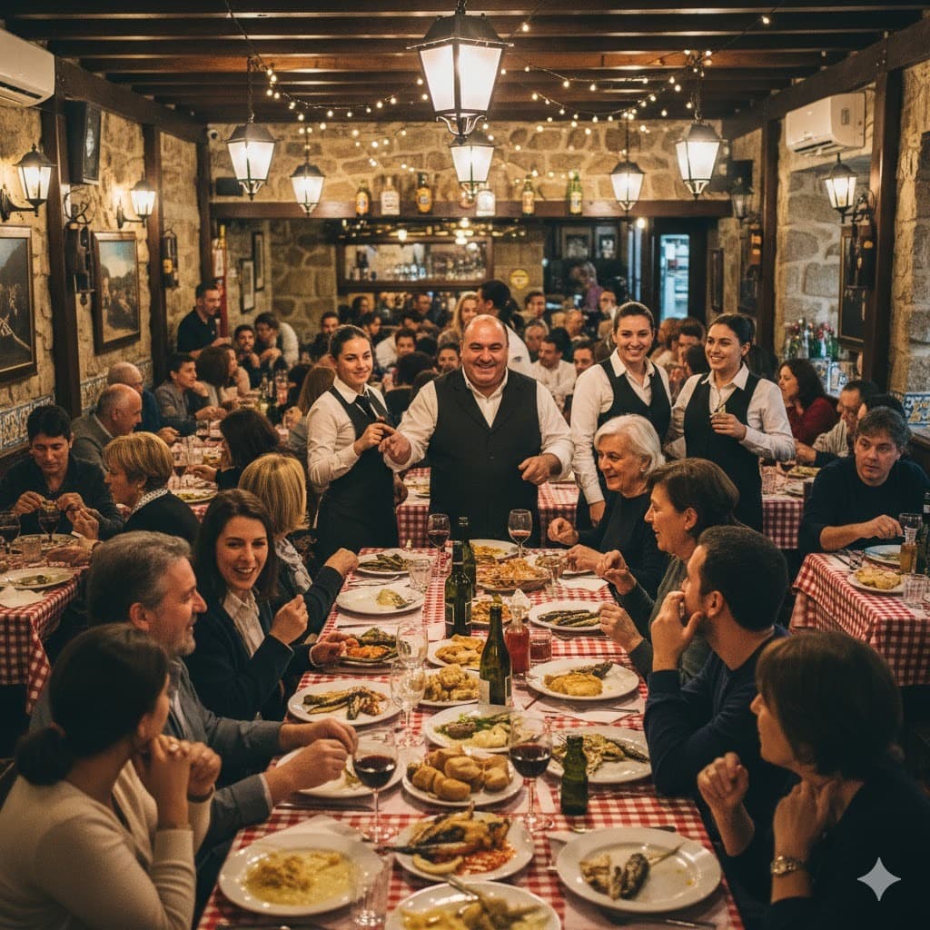 Restaurante português cheio, com gerente e equipa a sorrir, ambiente acolhedor